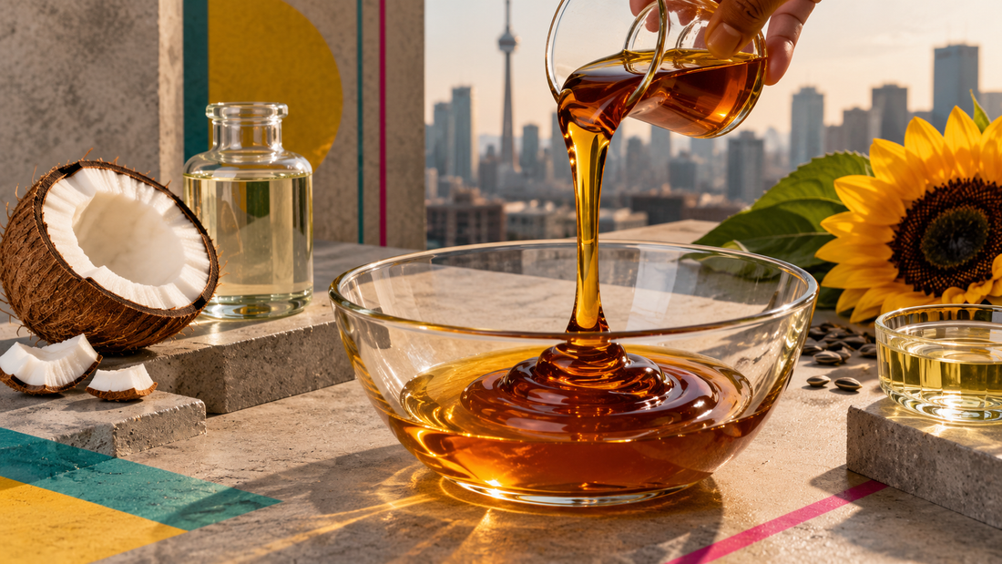 BPM natural deodorant ingredients including vitamin E, fractionated coconut oil and sunflower oil, shown in an urban Toronto-inspired setting.