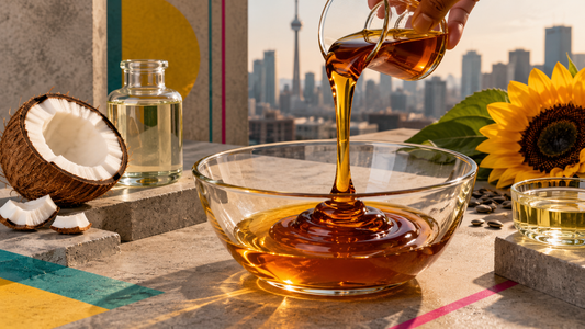 BPM natural deodorant ingredients including vitamin E, fractionated coconut oil and sunflower oil, shown in an urban Toronto-inspired setting.