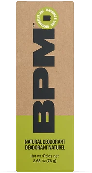 BPM natural deodorant in Bergamot and Lime packaging with brown and green design