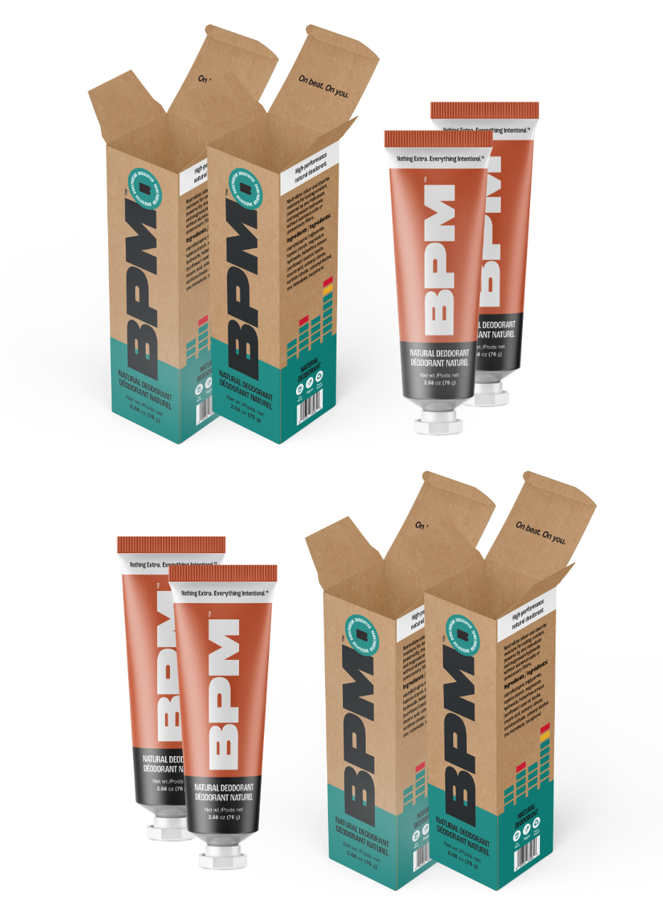 Four product packages of BPM Unscented deodorant shown on a plain white background, including two open brown cardboard boxes and two squeeze tubes with matching labels.