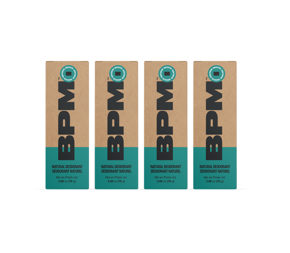 Four BPM natural deodorant tube boxes in Unscented arranged in a row on a plain white background.